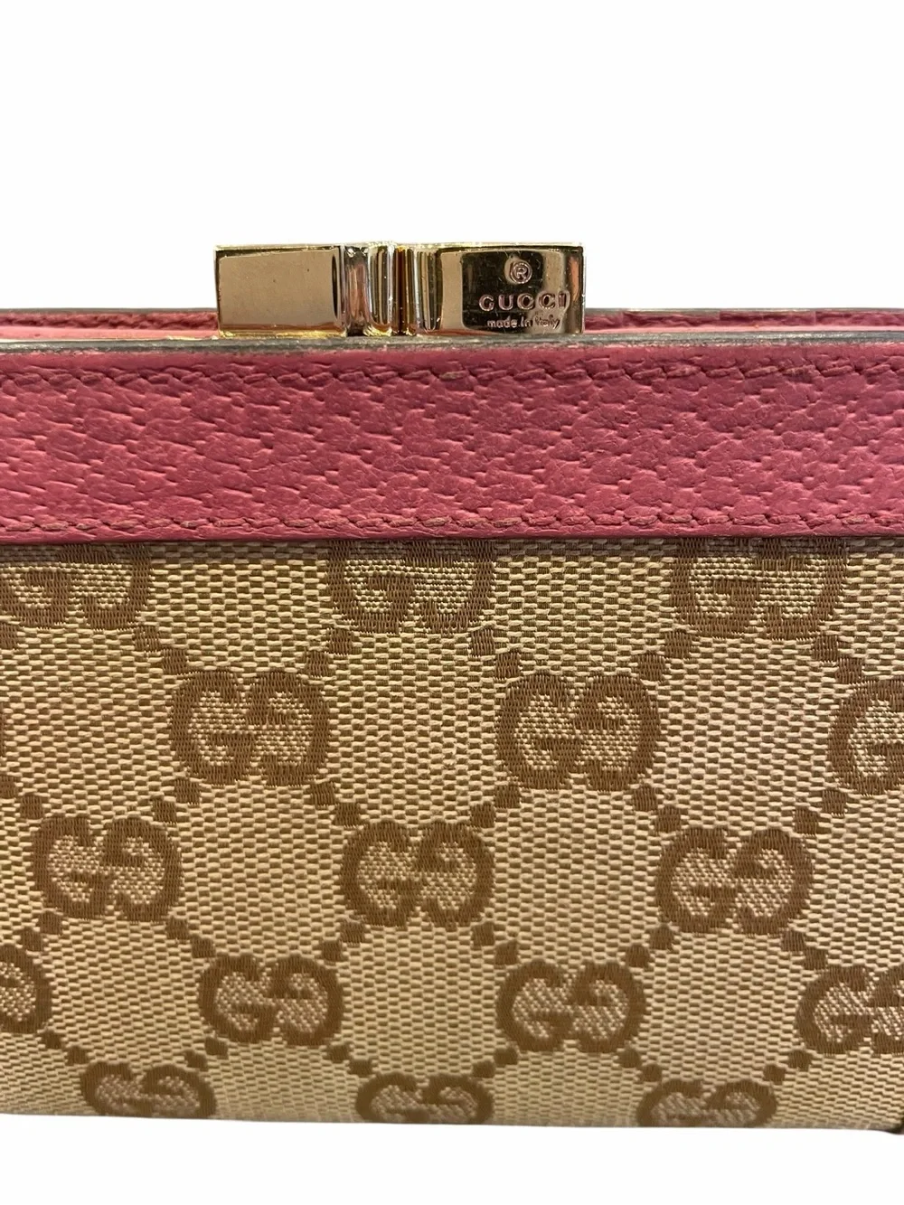 Gucci Beige GG Canvas Wallet with Pink Leather Trim